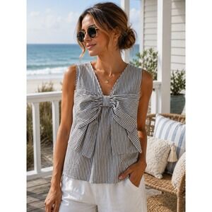 Style USA Black White Seersucker Bow Front Sleeveless Cotton Blouse Size S